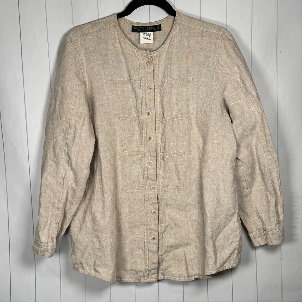 VTG Harve Benard Linen Tan Button Blouse Top Lightweight Lagenlook‎ Shacket sz 8